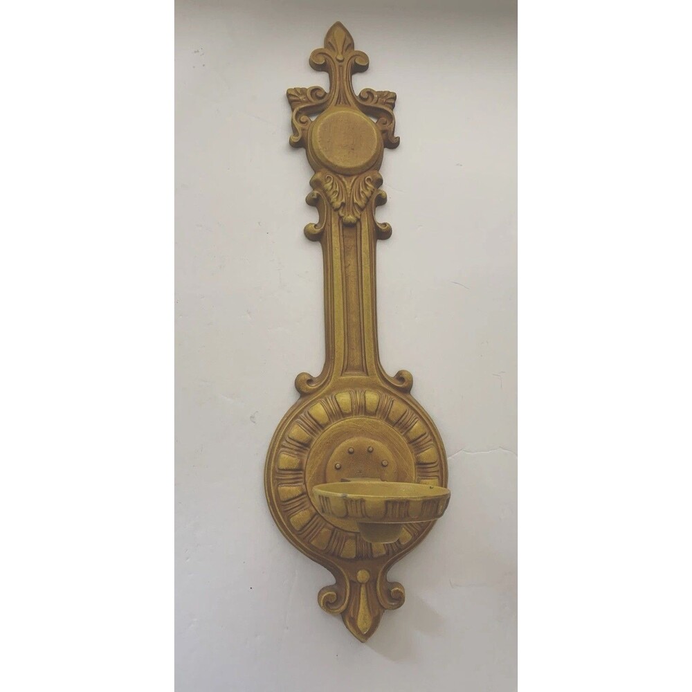 Vintage Wall Decor Candle Holder Gold Color Metal Fleur-De-Lis Mid Century 20.5"